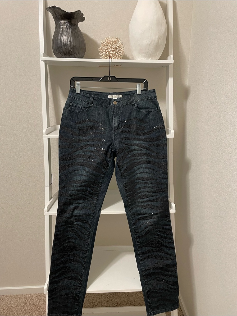Boston Proper Black Straight Jeans with Zebra Print and Sparkle